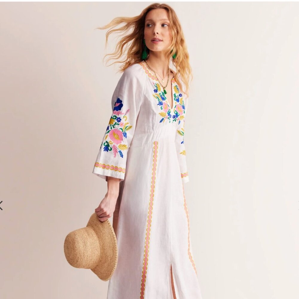 Boden Una Linen Embroidered Maxi Dress, Floral Garland, Ivory, 6P